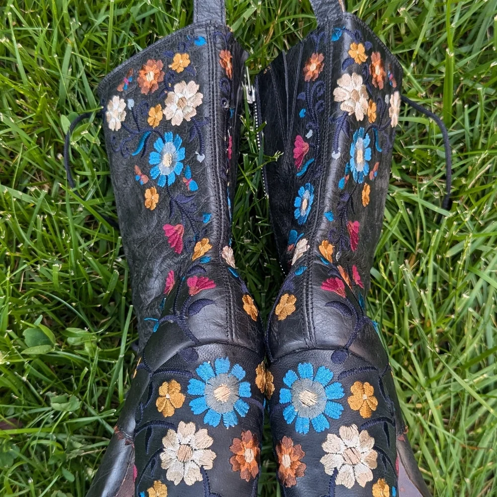Old Gringo Cate Lace Up Cowboy Boots Black Women's Rare Retro Embroidered Floral - Picture 6 of 15